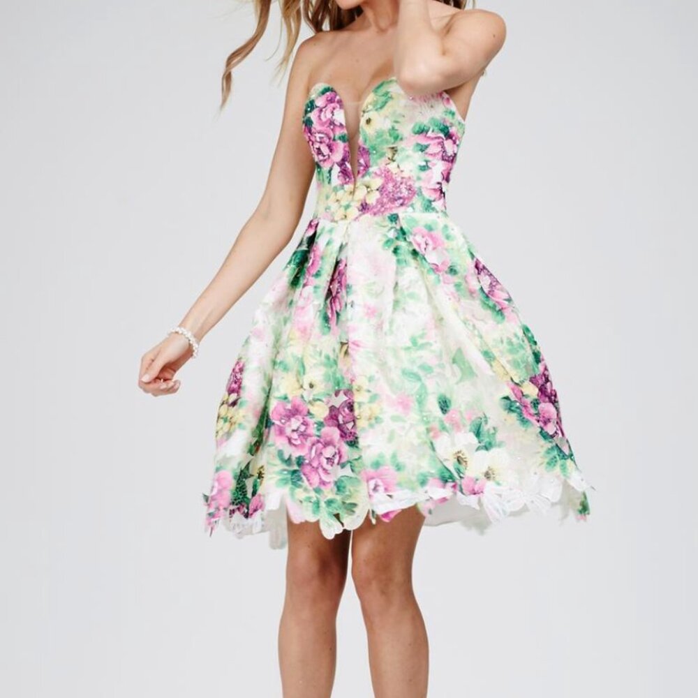 NWT JOVANI Floral Lace Strapless Sweetheart Scalloped Hem Dress SZ-14